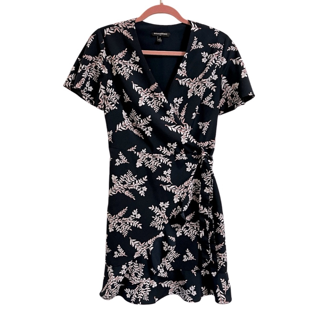 Banana Republic Dark Navy Foral Wrap V-neck Dress Flutter Detail Spring Size 4
